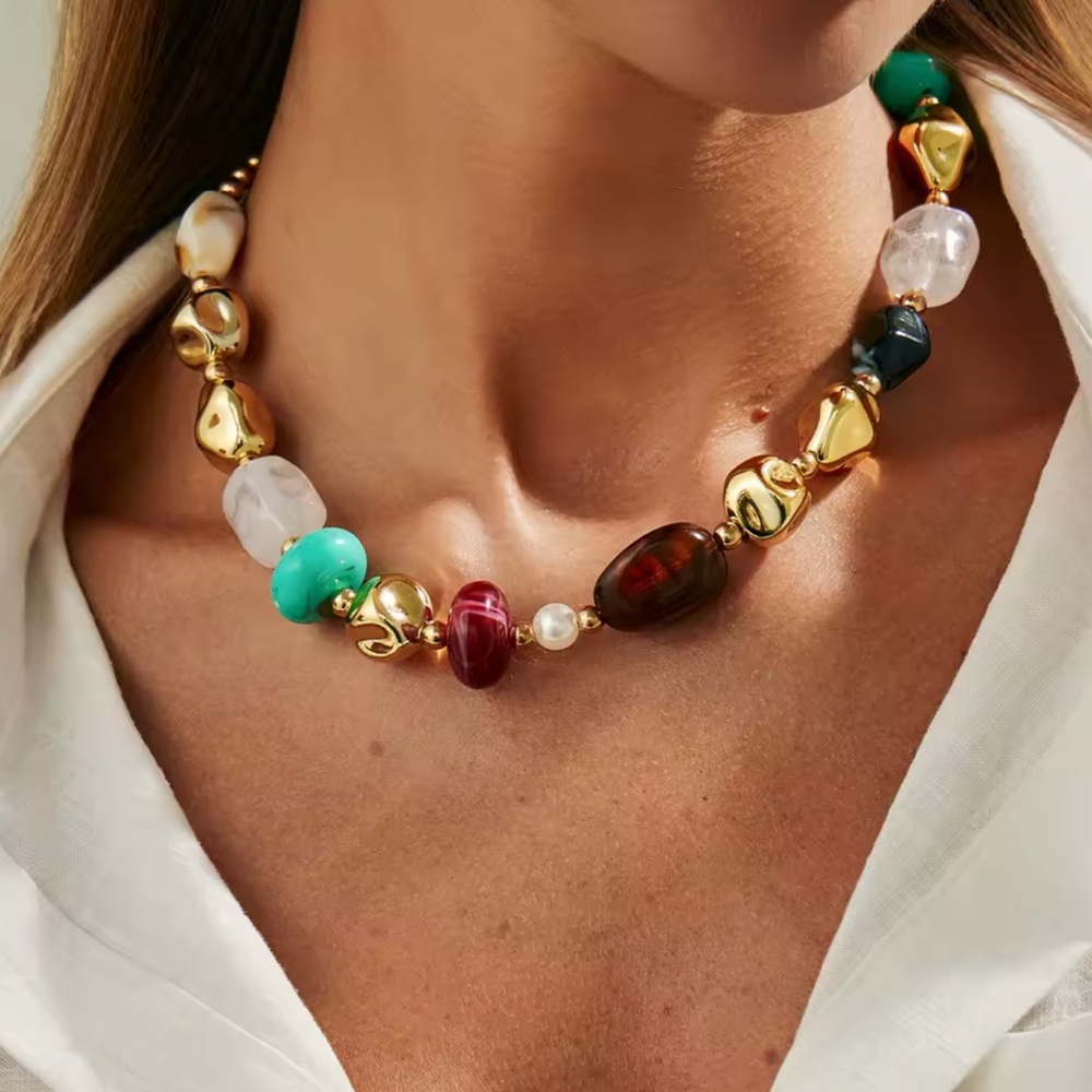 Boho Colorful Resin Beaded Choker Necklace Vintage Adjustable Statement Jewelry